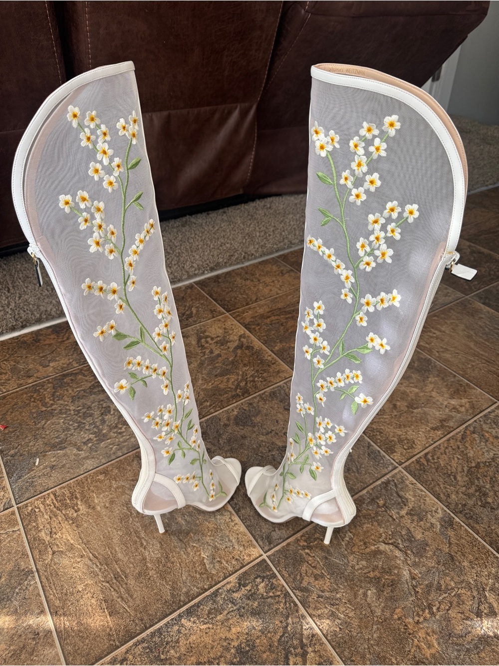 Stuart Weitzman Venette Floral Thigh High Mesh Boots- White, Women’s Size 7.5